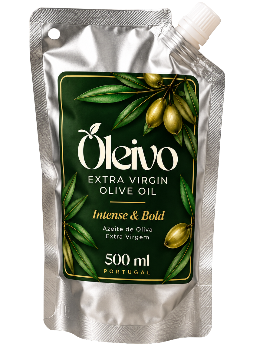 A 500 ml silver stand-up pouch of Oleivo Extra Virgin Olive Oil, featuring a dark green label with olive branches and olives, and a white spout cap, isolated on a white background.