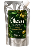 A 500 ml silver stand-up pouch of Oleivo Extra Virgin Olive Oil, featuring a dark green label with olive branches and olives, and a white spout cap, isolated on a white background.