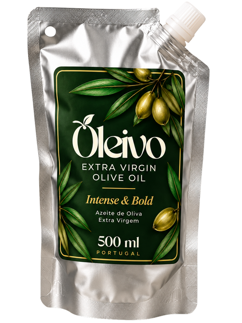 A 500 ml silver stand-up pouch of Oleivo Extra Virgin Olive Oil, featuring a dark green label with olive branches and olives, and a white spout cap, isolated on a white background.
