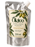 A 500 ml silver stand-up pouch of Oleivo Extra Virgin Olive Oil, featuring a cream-colored label with green olive illustrations and a white spout cap, set against a plain white background.