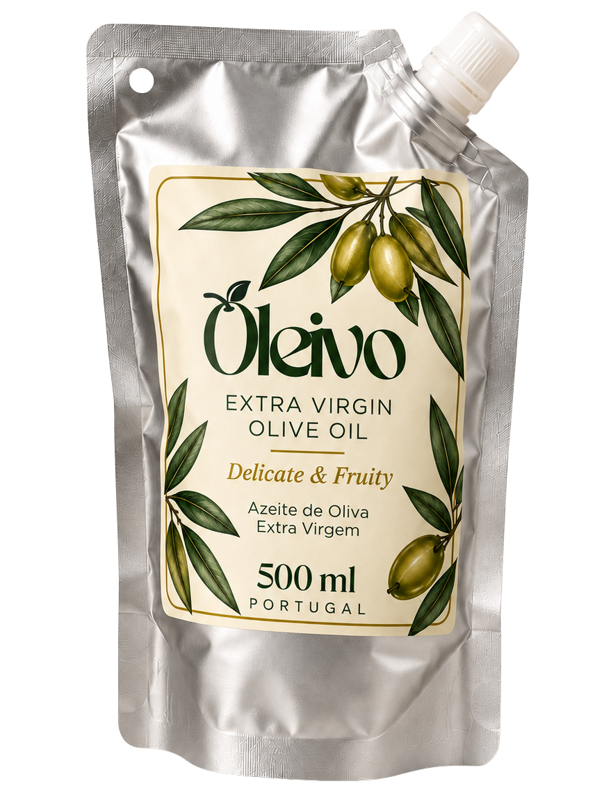 A 500 ml silver stand-up pouch of Oleivo Extra Virgin Olive Oil, featuring a cream-colored label with green olive illustrations and a white spout cap, set against a plain white background.