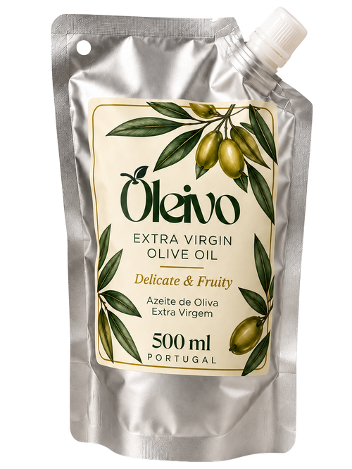 A 500 ml silver stand-up pouch of Oleivo Extra Virgin Olive Oil, featuring a cream-colored label with green olive illustrations and a white spout cap, set against a plain white background.
