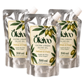 Three 500 ml stand-up pouches of Oleivo Extra Virgin Olive Oil arranged together on a plain white background.