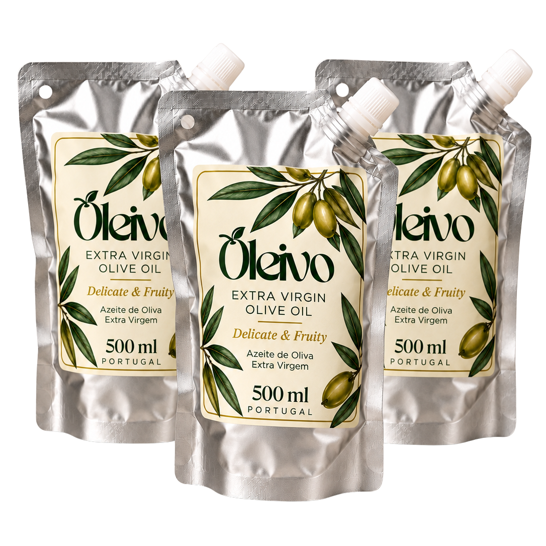 Three 500 ml stand-up pouches of Oleivo Extra Virgin Olive Oil arranged together on a plain white background.