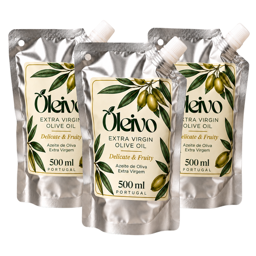 Three 500 ml stand-up pouches of Oleivo Extra Virgin Olive Oil arranged together on a plain white background.